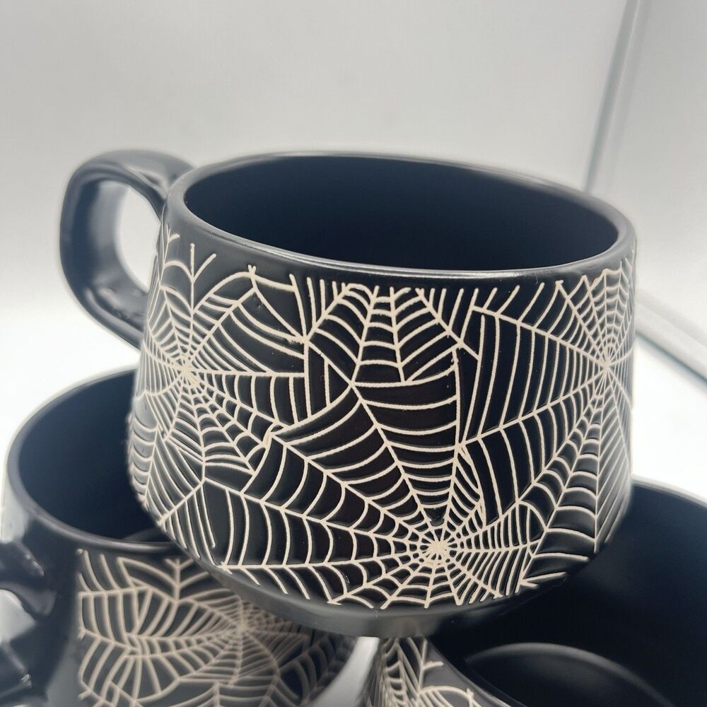 COCO + LOLA Halloween Spiderweb Set of 3 Coffee Mugs Black Cups Mug - Picture 5 of 13